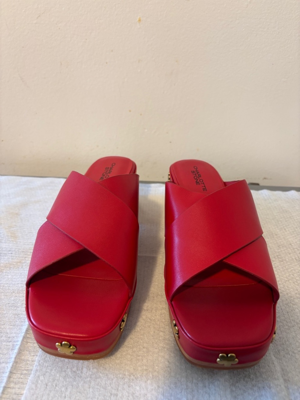 Charlotte Stone Red Crisscross Platform Mules